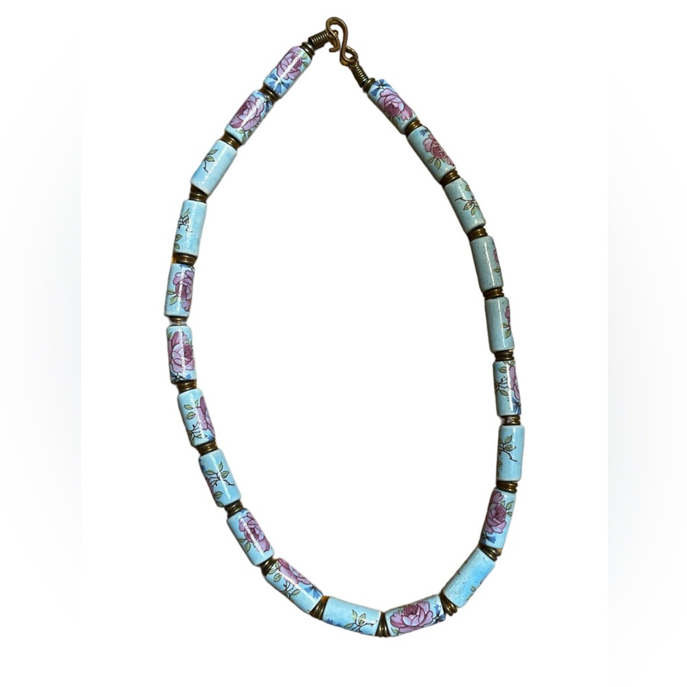 Vintage Blue Floral Porcelain Bead Necklace - Picture 1 of 3